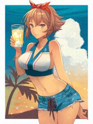 Rule 34 | 1girl, alternate costume, anchor, anchor symbol, bikini, bikini top only, border, bracelet, breasts, brown hair, cloud, cowboy shot, cup, denim, denim shorts, hairband, holding, holding cup, jewelry, kantai collection, kasumi (skchkko), large breasts, mutsu (kancolle), palm tree, red hairband, short hair, short shorts, shorts, sky, smile, solo, stomach, swimsuit, thighs, tree, white border