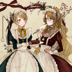 Rule 34 | 2girls, apron, bad id, bad pixiv id, blonde hair, blue eyes, bow, branch, clock, flower, green nails, hair bow, hand on own hip, hip focus, holly, jewelry, knife, long hair, maid, maid apron, maid headdress, multiple girls, nail polish, necklace, original, pink hair, pocket watch, red nails, rose, shikishima (eiri), short hair, very long hair, watch, white flower, white rose, yule log (cake)