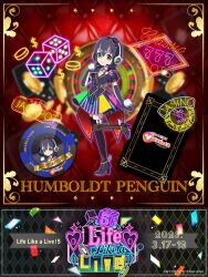 Rule 34 | 1girl, black hair, blazer, bow, bowtie, casino, closed mouth, elbow gloves, gloves, hat, high heels, highres, humboldt penguin (kemono friends), jacket, kemono friends, kemono friends v project, kneehighs, lifelikealive, looking at viewer, microphone, official art, penguin girl, ribbon, shirt, short hair, skirt, socks, solo, virtual youtuber, yellow eyes