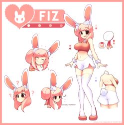 Rule 34 | 1girl, ?, ??, absurdres, animal ears, artist name, black eyes, blush, breasts, character name, character sheet, closed eyes, closed mouth, crop top, facing viewer, fiz (fizintine), fizintine, flying teardrops, full body, hair bun, hair ribbon, heart, high heels, highres, large breasts, looking at viewer, multiple views, navel, open mouth, original, pink hair, rabbit ears, rabbit girl, rabbit tail, red footwear, red ribbon, ribbon, short hair, shorts, sidelocks, simple background, single hair bun, smile, swept bangs, tail, teeth, thighhighs, upper teeth only, white shorts, white thighhighs, wrist cuffs
