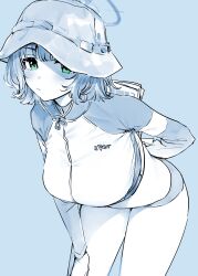 Rule 34 | 1girl, bare legs, blue archive, blue theme, blush, breasts, bucket hat, goshiki suzu, green eyes, halo, hat, highres, large breasts, looking at viewer, monochrome, official alternate costume, raglan sleeves, rash guard, saki (blue archive), saki (swimsuit) (blue archive), short hair, solo, thighs