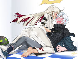 Rule 34 | 1boy, 1girl, :o, :q, ahoge, ankh, arc system works, arm strap, ass, assertive female, barefoot, black gloves, blonde hair, blue eyes, blush, bodysuit, breasts, buckle, capri pants, chaos (under night in-birth), checkered floor, color connection, company connection, spiked halo, constricted pupils, crossover, eye contact, feet, from side, girl on top, glasses, gloves, glowing, glowing eyes, guilty gear, guilty gear xrd, hair between eyes, halo, hand on another&#039;s chest, hetero, highres, indoors, jack-o&#039; valentine, jacket, jewelry, kneeling, leaning back, leaning forward, licking lips, long hair, long sleeves, looking at another, multicolored hair, naughty face, necklace, off shoulder, on floor, open clothes, open jacket, open mouth, pants, pantylines, parted bangs, pendant, profile, raised eyebrows, red eyes, red hair, ribbed sweater, sega, semi-rimless eyewear, shoes, short hair, side slit, signature, sitting, sneakers, socks, soles, straddling, surprised, sweatdrop, sweater, toes, tongue, tongue out, turtleneck, two-tone hair, under-rim eyewear, under night in-birth, uneven eyes, wallace pires, white hair, you gonna get raped