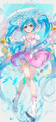 Rule 34 | 1girl, aqua eyes, aqua hair, aqua nails, arm at side, bare legs, boots, cherry blossoms, commentary, daisy, earrings, english text, flower, frilled shirt, frills, full body, hair flower, hair ornament, hair ribbon, hand up, hatsune miku, heart, heart necklace, highres, jewelry, knees together feet apart, long hair, looking at viewer, melt (vocaloid), miniskirt, mismatched earrings, nail polish, necklace, open mouth, outstretched hand, petals, petticoat, pink flower, pink ribbon, pink skirt, pink socks, puffy short sleeves, puffy sleeves, ribbon, rumoon, shirt, short sleeves, single wrist cuff, skirt, smile, socks, solo, song name, sunflower, teeth, tulip, twintails, umbrella, upper teeth only, vocaloid, water, water drop, white flower, white footwear, white shirt, wind, wind lift, wrist cuffs, yellow flower