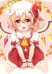 Rule 34 | 1girl, ascot, bad id, bad pixiv id, between legs, blonde hair, fang, flandre scarlet, flower, food, fruit, hand between legs, hat, hat ribbon, highres, kneeling, kurono kito, leaf, leaf background, looking at viewer, mob cap, open mouth, pink background, puffy short sleeves, puffy sleeves, red eyes, ribbon, short hair, short sleeves, side ponytail, sitting, skirt, skirt set, solo, strawberry, touhou, wariza, wings, wrist cuffs