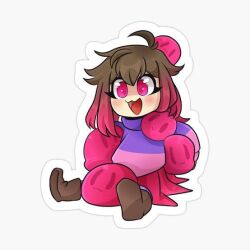 Rule 34 | akumu (glitchtale), bete noire, boots, brown hair, glitchtale, pink eyes, pink hair, pink shirt, purple shirt, red skirt, shirt, short hair, skirt, smile, white background