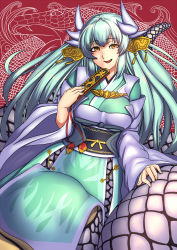Rule 34 | 1girl, aqua hair, blush, breasts, dragon girl, fangs, fate/grand order, fate (series), hair ornament, horns, japanese clothes, kimono, kiyohime (fate), lamia, long hair, looking at viewer, monster girl, open mouth, scales, smile, solo, thighhighs, yellow eyes, yui sora