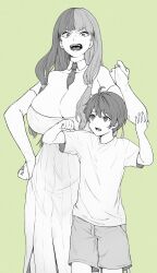 Rule 34 | 1boy, 1girl, age difference, ahoge, bare shoulders, breasts, character request, child, clenched hand, commentary, commentary request, copyright request, detached collar, detached sleeves, dress, green background, hand on own hip, highres, large breasts, long hair, looking at viewer, monochrome, multicolored hair, onee-shota, open mouth, original, short hair, shorts, simple background, size difference, teeth, torizatta, torizatta, two-tone hair