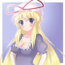 Rule 34 | 1girl, :t, angry, bad id, bad pixiv id, blonde hair, blue eyes, breasts, cleavage, dress, elbow gloves, female focus, gloves, hat, long hair, nase, pout, solo, touhou, upper body, white gloves, yakumo yukari