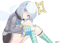 Rule 34 | 1girl, absurdres, amane kanata, artist name, black skirt, blue bow, blue eyes, blue hair, blue wings, bob cut, bow, closed mouth, colored inner hair, commentary request, detached wings, eyes visible through hair, frilled skirt, frills, green socks, grey jacket, hair over one eye, halo, high collar, highres, hololive, jacket, kneehighs, long sleeves, looking at viewer, multicolored hair, plaid, plaid legwear, red hair, sailor collar, sato art, signature, silver hair, simple background, single hair intake, skirt, smile, socks, solo, star halo, streaked hair, two-tone hair, virtual youtuber, white background, white sailor collar, wings