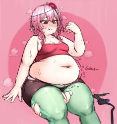 Rule 34 | 1girl, belly, blush, breasts, fat, flower, flower on head, gen 4 pokemon, hair ornament, long hair, original, orristerioso, pink hair, red eyes, roserade, small breasts, smile, solo, sweat, thick thighs, thighs, tongue, tongue out, torn clothes, torn legwear, virtual youtuber