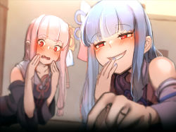 Rule 34 | 2girls, absurdres, at2., blue hair, blue nails, blunt bangs, blush, detached sleeves, grin, highres, kotonoha akane, kotonoha aoi, long hair, long sleeves, looking at viewer, multiple girls, nail polish, open mouth, parted lips, pink hair, red eyes, siblings, sisters, sketch, smile, teeth, voiceroid
