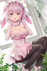 Rule 34 | 1girl, animal ears, bare shoulders, breasts, brown pantyhose, cleavage, covered navel, dress, elbow gloves, floppy ears, frilled dress, frills, fur collar, gloves, hands up, headdress, highres, jaeyun, large breasts, looking at viewer, open mouth, original, pantyhose, pink dress, pink eyes, pink footwear, pink hair, rabbit ears, shoes, short dress, short hair, smile, solo, strapless, strapless dress, white gloves