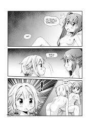 Rule 34 | 2 ru, 2girls, 4koma, :o, absurdres, artist name, beads, breasts, comic, cunnilingus, exclamation mark, highres, lying, magia record: mahou shoujo madoka magica gaiden, mahou shoujo madoka magica, medium breasts, mitsuki felicia, monochrome, multiple girls, nipples, on back, on hands and knees, open mouth, oral, ponytail, raised eyebrows, signature, spread legs, twintails, wide-eyed, yui tsuruno, yuri