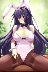 Rule 34 | 1girl, animal ears, bare shoulders, bow, bowtie, breasts, brown pantyhose, cleavage, covered navel, date a live, detached collar, fake animal ears, highres, large breasts, leotard, light blush, lindaroze, long hair, looking at viewer, pantyhose, playboy bunny, ponytail, purple hair, rabbit ears, sitting, solo, very long hair, white leotard, wrist cuffs, yatogami tooka