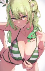 Rule 34 | 1girl, absurdres, antlers, bare arms, bare shoulders, bikini, bikini tan, breasts, ceres fauna, cleavage, closed mouth, collarbone, getto, green bikini, green hair, hair between eyes, hand on own hip, highres, hololive, hololive english, horns, large breasts, leaning forward, long hair, looking at viewer, multi-strapped bikini bottom, navel, sidelocks, simple background, solo, standing, strap pull, striped bikini, striped clothes, swimsuit, tan, tanline, virtual youtuber, white background, yellow eyes
