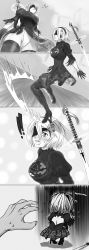 Rule 34 | !, !!, 1girl, 4koma, ^^^, absurdres, anger vein, black dress, blindfold, blindfold lift, blush, boots, breasts, chibi, comic, commentary request, cowering, dress, embarrassed, english text, flying sweatdrops, gameplay mechanics, greyscale, groin, hairband, head tilt, high heel boots, high heels, highres, looking at viewer, medium breasts, mole, mole under mouth, monochrome, nier (series), nier:automata, parted lips, pleated skirt, puffy sleeves, skirt, sliding, solo focus, squatting, surprised, sweatdrop, sword, thigh boots, thighhighs, trembling, viperxtr, weapon, 2b (nier:automata)