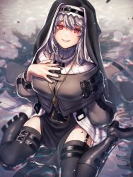 Rule 34 | 1girl, arknights, artist name, belt, belt boots, black belt, black dress, black footwear, black headwear, black nails, black thighhighs, boots, circular saw, commentary, dress, from above, garter straps, grey hair, habit, hand on own chest, jewelry, knee boots, long hair, long sleeves, looking at viewer, looking up, nail polish, necklace, nun, parted lips, red eyes, saw, sitting, smile, solo, specter (arknights), tanagawa makoto, thigh strap, thighhighs, twitter username, wariza