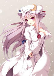 Rule 34 | 1girl, alternate color, blush, bow, crescent, dress, fal maro, female focus, hair bow, hand on own chest, hat, highres, long hair, looking at viewer, open mouth, patchouli knowledge, perfect cherry blossom, purple eyes, purple hair, snow, snowing, solo, touhou