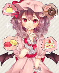 Rule 34 | 1girl, alternate hair length, alternate hairstyle, arm up, bat wings, blush, cherry, commentary request, doughnut, dress, drooling, finger to face, food, fruit, grey background, hair between eyes, hat, hat ribbon, head tilt, highres, looking at viewer, macaron, medium hair, mob cap, mouth drool, nail polish, open mouth, pink dress, pudding, puffy short sleeves, puffy sleeves, purple hair, red eyes, red nails, red sash, remilia scarlet, ribbon, sash, short sleeves, shortcake, slit pupils, solo, sparkle, speech bubble, spoken food, standing, strawberry, striped, striped background, touhou, upper body, whipped cream, wings, wrist cuffs, yedan999