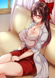 Rule 34 | 1girl, absurdres, ahoge, blush, bow, breasts, brown eyes, brown hair, character request, cleavage, commentary request, copyright request, couch, covered erect nipples, glasses, hair between eyes, hair ribbon, half updo, highres, honoka kaori, huge breasts, indie virtual youtuber, jewelry, kaori channel, kayumidome, lab coat, long hair, looking at viewer, miniskirt, mole, mole under mouth, necklace, parted lips, pencil skirt, red bow, red skirt, ribbed sweater, ribbon, sitting, skirt, solo, sweater, virtual youtuber, window