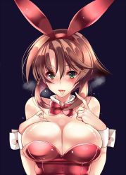 Rule 34 | 10s, 1girl, amane ruri, animal ears, bad id, bad pixiv id, bare shoulders, black background, blush, breasts, brown hair, rabbit ears, playboy bunny, detached collar, fake animal ears, green eyes, heavy breathing, kantai collection, large breasts, looking at viewer, mutsu (kancolle), short hair, solo, tongue, tongue out, upper body, wrist cuffs