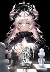 Rule 34 | 1girl, arknights, black background, blood, blood on face, board game, chess, chess piece, chessboard, crown, demon horns, disembodied limb, dress, gawako, highres, holding, holding crown, horns, jewelry, long dress, long hair, long sleeves, open mouth, pawn (chess), pink hair, ring, rook (chess), solo, spoilers, theresa (arknights)