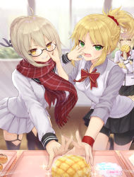 Rule 34 | 3girls, ahoge, angry, artoria pendragon (all), artoria pendragon (fate), bike shorts, black-framed eyewear, black legwear, black shorts, black skirt, blonde hair, blush, bow, bowtie, braid, bread, buffet, clenched teeth, collared shirt, day, eating, elbow gloves, emphasis lines, expressionless, fate/apocrypha, fate/grand order, fate/stay night, fate (series), fighting, finger in another&#039;s mouth, food, foreshortening, french braid, fringe trim, glasses, gloves, green eyes, grey shirt, hair ornament, hair ribbon, hair scrunchie, hand on another&#039;s face, highres, holding, holding food, hot dog, indoors, jitome, leaning forward, leg up, long hair, long sleeves, looking at viewer, mashuu (neko no oyashiro), melon bread, mordred (fate), mordred (fate/apocrypha), multiple girls, mysterious heroine x (fate), mysterious heroine x alter (fate), mysterious heroine x alter (first ascension) (fate), open mouth, plaid, plaid scarf, pleated skirt, pocket, ponytail, reaching, reaching towards viewer, red bow, red bowtie, red scarf, ribbon, saber (fate), saber alter, scarf, school uniform, scrunchie, semi-rimless eyewear, shirt, shorts, shorts under skirt, skirt, standing, standing on one leg, sweat, sweatband, sweater vest, teeth, thighhighs, tray, under-rim eyewear, white skirt, window, wing collar, wooden floor, wrapper, yellow eyes, zettai ryouiki
