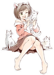 Rule 34 | 1girl, 205str, animal, animal ears, bad id, bad pixiv id, bare legs, bare shoulders, barefoot, bow, brown hair, cat, cat ears, commentary request, fang, full body, green eyes, highres, holding, holding animal, holding cat, idolmaster, idolmaster cinderella girls, long sleeves, maekawa miku, multiple cats, one eye closed, open mouth, ribbed sweater, short hair, simple background, sitting, skirt, smile, solo, strapless, sweater, white background, white cat