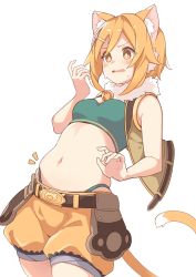 Rule 34 | 1girl, animal ear fluff, animal ears, bandeau, bell, belt, blonde hair, blush, breasts, brown jacket, cat ears, cat girl, cat tail, cowboy shot, hair ornament, hairclip, hand up, highres, hiyori (princess connect!), jacket, midriff, mikokomiyazawa, navel, neck bell, notice lines, open mouth, plump, princess connect!, puffy shorts, short hair, shorts, simple background, sleeveless, sleeveless jacket, small breasts, solo, sweat, tail, weight conscious, white background, yellow shorts