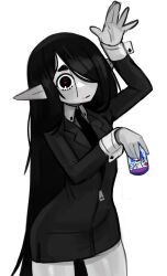 Rule 34 | 1girl, absurdres, black hair, black necktie, can, collared shirt, colored skin, expressionless, food, fruit, gris (vertigris), hair over eyes, highres, holding, holding can, justadrian (yoadriandk), licorice (justadrian), long hair, necktie, original, pointy ears, red pupils, shirt, simple background, strawberry, thick eyebrows, vampire, very long hair, white shirt