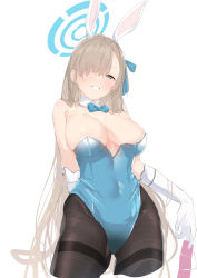 Rule 34 | 1girl, absurdres, animal ears, asuna (blue archive), asuna (bunny) (blue archive), bare shoulders, blue archive, blue eyes, blue leotard, blush, bow, bowtie, breasts, brown pantyhose, cleavage, condom, condom packet strip, condom wrapper, detached collar, elbow gloves, fake animal ears, gloves, grin, hair over one eye, halo, highleg, highleg leotard, highres, large breasts, leotard, light brown hair, long hair, looking at viewer, mole, mole on breast, pantyhose, playboy bunny, rabbit ears, revision, shimicha, smile, solo, thighs, traditional bowtie, white gloves