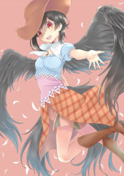Rule 34 | 1girl, :d, asymmetrical hair, bandana, black hair, black wings, blue shirt, boots, breasts, brown footwear, commentary request, cowboy boots, cowboy hat, feathers, feet out of frame, hat, highres, horse tail, komiru, kurokoma saki, looking at viewer, open mouth, orange skirt, outstretched arm, pegasus wings, pink background, plaid, plaid skirt, puffy short sleeves, puffy sleeves, red eyes, shirt, short hair, short sleeves, simple background, skirt, small breasts, smile, solo, tail, touhou, white bandana, wings