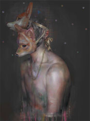 Rule 34 | black background, brown hair, chain necklace, collarbone, commentary, covered face, fox mask, glitch, gold necklace, jewelry, mask, mask on head, necklace, nipples, orange mask, original, short hair, simple background, topless male, xhxix