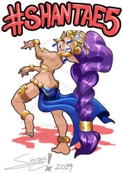 Rule 34 | 2019, armor, artist request, ass, back, blue eyes, braid, breasts, butt crack, character name, crown, dancer shantae, earrings, english text, feet, full body, gold, jewelry, large breasts, long hair, looking at viewer, looking back, one eye closed, pointy ears, purple hair, shantae, shantae (series), shantae and the pirate&#039;s curse, signature, soles, very long hair, watermark, white background