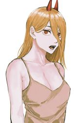Rule 34 | + +, 1girl, blonde hair, breasts, brown camisole, camisole, chainsaw man, cleavage, collarbone, cross-shaped pupils, demon horns, expressionless, eyelashes, fangs, hair between eyes, highres, horns, long hair, looking at viewer, medium breasts, open mouth, power (chainsaw man), raberu ruru, red eyes, simple background, sleeveless, solo, straight hair, symbol-shaped pupils, upper body, white background