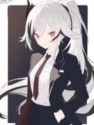 Rule 34 | 1girl, black hair, black jacket, black pants, breasts, brown necktie, closed mouth, collared shirt, commentary, english commentary, fu hua, fu hua (garuda), hands in pocket, highres, honkai (series), honkai impact 3rd, jacket, long hair, long sleeves, looking at viewer, multicolored hair, necktie, open clothes, open jacket, pants, ponytail, red eyes, samlatte, shirt, signature, small breasts, solo, two-tone hair, very long hair, white hair, white shirt