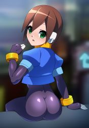 Rule 34 | 1girl, aile (mega man zx), arm support, ass, blush, bodysuit, bracelet, brown hair, green eyes, hair between eyes, highres, jewelry, looking at viewer, looking back, mega man (series), mega man zx, puffy short sleeves, puffy sleeves, robot ears, short hair, short sleeves, sitting, solo, xenoxeno