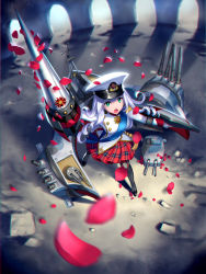 Rule 34 | 10s, 1girl, arm up, battleship, cannon, drill hair, england, english flag, from above, full body, gloves, green eyes, hat, highres, hms prince of wales, holding, holding weapon, kantai collection, lance, long hair, looking at viewer, looking up, medal, military, military hat, military uniform, military vehicle, motion blur, open mouth, original, petals, plaid, plaid skirt, pleated skirt, polearm, sash, shield, ship, skirt, solo, tassel, uniform, warship, watercraft, weapon, white gloves, white hair, yin.