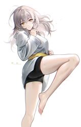 Rule 34 | 1girl, 1i1, alternate costume, artist name, bare legs, barefoot, belt, bike shorts, black shorts, clenched hands, closed mouth, commentary, grey background, grey hair, grey shirt, highres, honkai: star rail, honkai (series), karate, knee up, leg up, long hair, long sleeves, martial arts, martial arts belt, serious, shirt, shorts, solo, stelle (honkai: star rail), sweat, symbol-only commentary, thighs, toes, trailblazer (honkai: star rail), twitter username, white shirt, yellow belt, yellow eyes