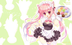Rule 34 | 1girl, ameto yuki, animal ears, bad id, bad pixiv id, breasts, candy, cat ears, chocolate, chocolate heart, cleavage, food, heart, macaron, maid headdress, medium breasts, original, pink eyes, pink hair, solo, thighhighs, tray, twintails, waitress, white thighhighs, wrist cuffs