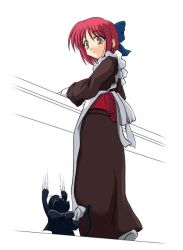 Rule 34 | 00s, 1girl, apron, cat, japanese clothes, kimono, kohaku (tsukihime), len (cat), len (tsukihime), looking back, maid, maid apron, partially colored, red hair, scratches, simple background, solo, tsukihime