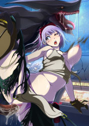 Rule 34 | 10s, 1girl, bestiality, bouncing breasts, breast slip, breasts, fangs, forced, gloves, god eater, highres, interspecies, kusunoki rikka, large breasts, leaning forward, monster, one breast out, open mouth, pecolondon, purple hair, rape, screaming, sex, tears, torn clothes, uncensored, vaginal, yellow eyes
