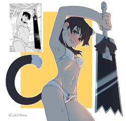 Rule 34 | 1girl, animal ears, artist name, black hair, blush, bra, breasts, brown eyes, cat ears, cat tail, chainsaw man, highres, holding, holding sword, holding weapon, kirto, mitaka asa, navel, panties, simple background, small breasts, solo, sword, tail, underwear, underwear only, weapon, white bra, white panties