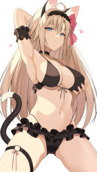 Rule 34 | 1girl, animal ears, armpits, bare shoulders, bikini, blonde catgirl (ohta yuichi), blonde hair, blue eyes, breasts, cat ears, cleavage, hair ornament, highres, large breasts, long hair, looking at viewer, navel, ohta yuichi, original, panties, simple background, solo, swimsuit, tail, underwear