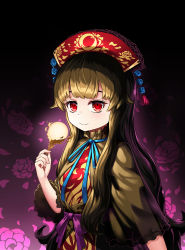 Rule 34 | 1girl, alternate costume, belt, black background, blonde hair, blue bow, bow, brown dress, chinese clothes, closed mouth, crescent, dress, floral background, flower, gradient background, hand up, hat, highres, junko (touhou), light, long hair, long sleeves, okema, pink background, pink flower, pink rose, pom pom (clothes), purple belt, purple bow, red eyes, red hat, red vest, rose, shadow, solo, tabard, touhou, vest, wide sleeves