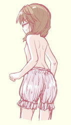 Rule 34 | 1girl, ass, back, bloomers, brown hair, cowboy shot, flat chest, from behind, glasses, highres, limited palette, low twintails, naegi (naegidokoro), nipples, short twintails, simple background, solo, topless, touhou, twintails, underwear, underwear only, usami sumireko, white background, white bloomers