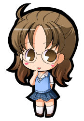 Rule 34 | 00s, arms behind back, blush, brown eyes, brown hair, chibi, covering face, covering own mouth, covering privates, glasses, long hair, lowres, pac-man eyes, rozen maiden, sakurada nori, school uniform, skirt, suntail