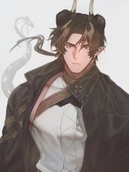 Rule 34 | 1boy, arknights, brown hair, chong yue (arknights), closed mouth, coat, commentary request, dragon horns, dragon tail, earrings, floating hair, grey background, high collar, highres, horns, jewelry, korean commentary, long hair, long sleeves, looking at viewer, low ponytail, male focus, mamara tang, multicolored hair, open clothes, open coat, pointy ears, red eyes, simple background, sleeveless, slit pupils, streaked hair, tail, upper body