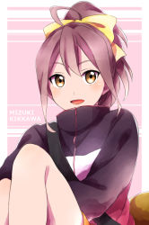 Rule 34 | 10s, 1girl, blush, bow, brown eyes, character name, hair bow, high ponytail, jacket, kikkawa mizuki, looking at viewer, love live!, love live! school idol festival, love live! school idol project, open mouth, sekina, smile, solo, yellow bow
