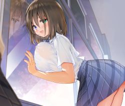 Rule 34 | 1girl, :d, absurdres, against glass, ass, bad id, bad pixiv id, blue eyes, blush, bow, bowtie, bra visible through clothes, breast press, breasts, breasts on glass, brown hair, classroom, green eyes, hand on glass, heterochromia, highres, huge filesize, large breasts, looking at viewer, open mouth, original, plaid, plaid bow, plaid bowtie, plaid neckwear, plaid skirt, pleated skirt, reflection, school uniform, shirt, short hair, skirt, smile, solo, underwear, white shirt, window, yoruhoshi owl